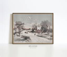 Antique Christmas Eve Print, Night Village Wall Decor, Rustic Holiday Poster, Snowy Landscape Printable, Winter Cottage Canvas - thumbnail 1