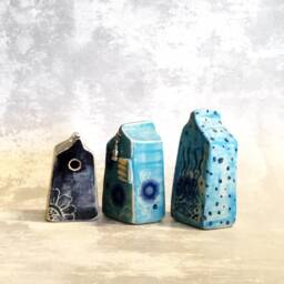 Set Of Three White & Blue Houses, Small Ceramic Houses Art Home Decor, Ceramics Pottery Gift For Mom, Housewarming Gift, Fairy Garden - thumbnail 2