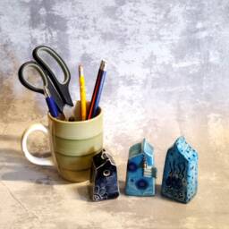 Set Of Three White & Blue Houses, Small Ceramic Houses Art Home Decor, Ceramics Pottery Gift For Mom, Housewarming Gift, Fairy Garden - thumbnail 4