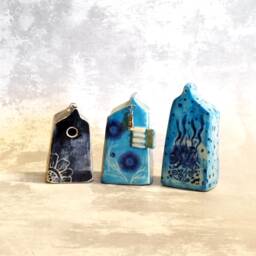 Set Of Three White & Blue Houses, Small Ceramic Houses Art Home Decor, Ceramics Pottery Gift For Mom, Housewarming Gift, Fairy Garden - thumbnail 1