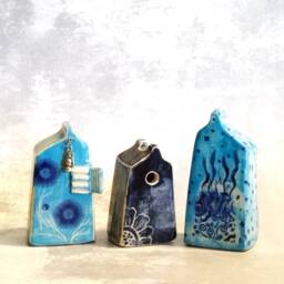 Set Of Three White & Blue Houses, Small Ceramic Houses Art Home Decor, Ceramics Pottery Gift For Mom, Housewarming Gift, Fairy Garden - thumbnail 3