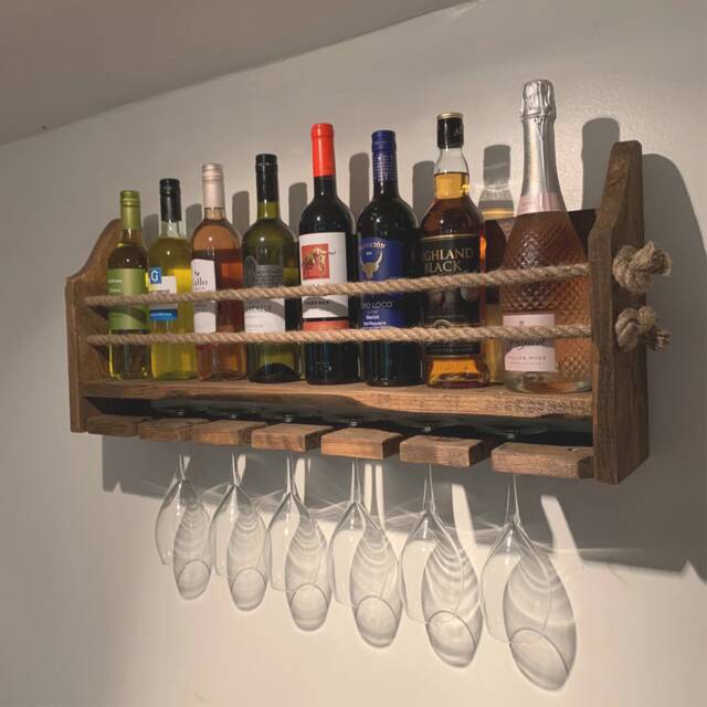 Rustic Reclaimed Wood Wine Rack Wall Mounted Drinks Bar, Holds 6 Glasses - image 1