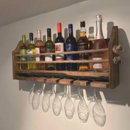 Rustic Reclaimed Wood Wine Rack Wall Mounted Drinks Bar, Holds 6 Glasses - thumbnail 1