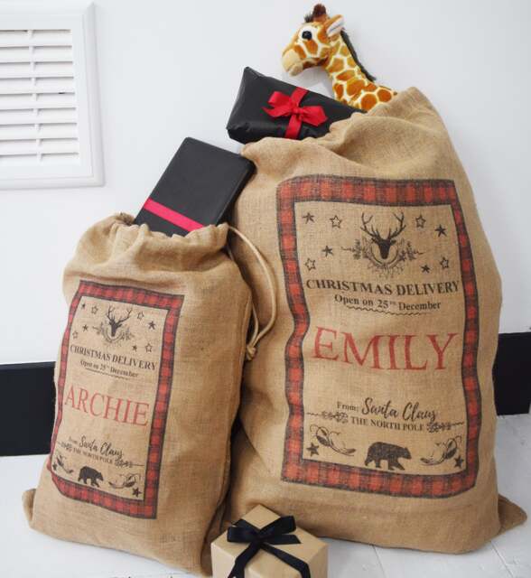 Personalised Tartan Burlap Christmas Sack, Jute Santa Gift Bag - image 1