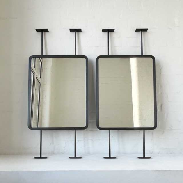 Set Of 2 Modern Countertop To Ceiling Quadris??? Mirror With Blackened Stainless Steel Frame - image 1