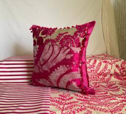 "Designers Guild Pink Velvet Silk Pillow Cover Bohemian Pompom Trim - 18""x 18"