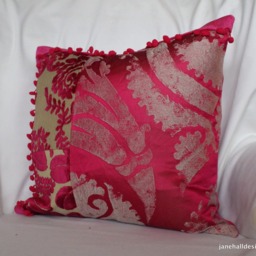 "Designers Guild Pink Velvet Silk Pillow Cover Bohemian Pompom Trim - 18""x 18" - thumbnail 2