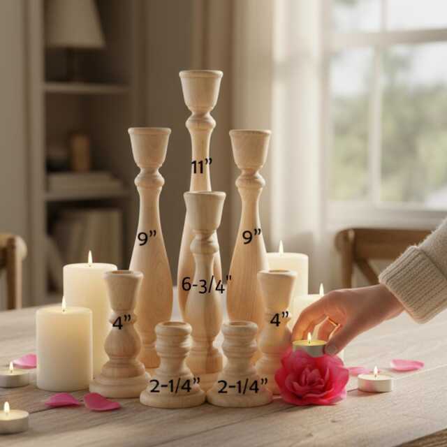 Set Of Wood Candlesticks Paired Natural Rustic Wedding Table Farmhouse Candle Decorations 8 Holders - image 1