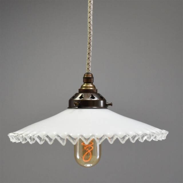 1950S Quintessentially French Design Coolie Light Shade Made From White & Clear Glass With A Crimped Edge - image 1