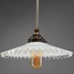 1950S Quintessentially French Design Coolie Light Shade Made From White & Clear Glass With A Crimped Edge - thumbnail 2