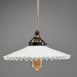 1950S Quintessentially French Design Coolie Light Shade Made From White & Clear Glass With A Crimped Edge - thumbnail 1
