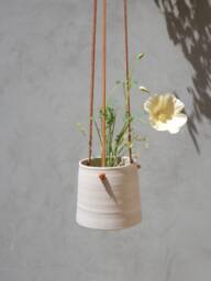 Handmade White Hanging Planter With Leather Straps, Minimalist Pottery Pot, Ceramic Succulent Planter, Indoor