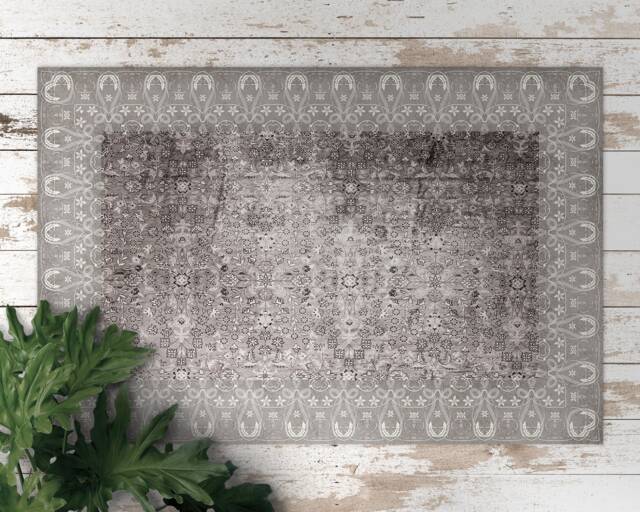 Brown Carpet With Floral Frame Vinyl Mat, PVC White Floor Botanic Rug, Linoleum Area Retro Rug