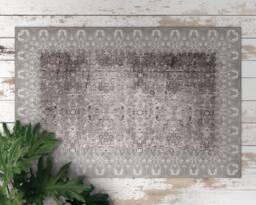 Brown Carpet With Floral Frame Vinyl Mat, PVC White Floor Botanic Rug, Linoleum Area Retro Rug - thumbnail 1