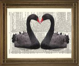 Black Swans Print Romantic Bird Shaped Heart, Printed On Vintage Dictionary Pages - thumbnail 1
