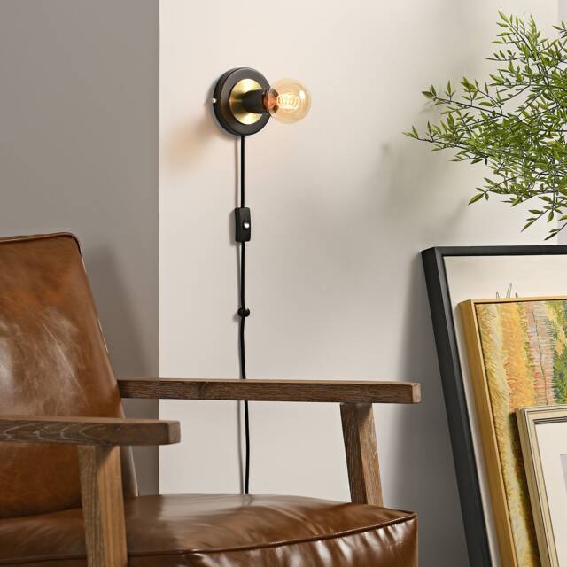 Black & Gold Plug-In Wall Sconce - Mid Century Modern Bedroom Vanity Lighting Lamp For Apartments & Spaces With No J-Box Luna - image 1