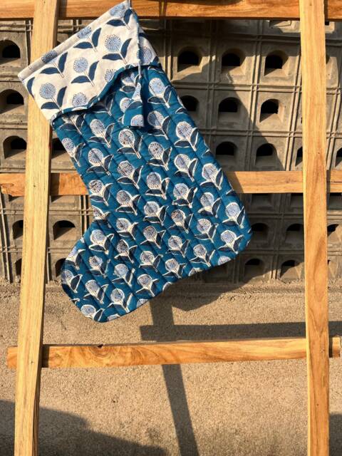Handmade Quilted Christmas Stocking Blue Floral Block Print Cotton - image 1