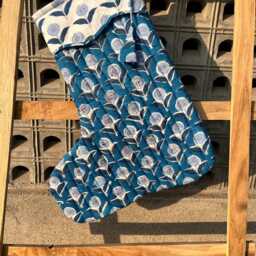 Handmade Quilted Christmas Stocking Blue Floral Block Print Cotton - thumbnail 3