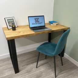 Custom Solid Wood Desk With Industrial Square Steel Legs - Rustic Home Office Handmade in The UK - thumbnail 2