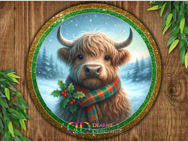 Winter Highland Cow Christmas Wreath Sign, Xmas Highland Cow, Xmas Heifer Heifer Christmas Cow Sign - image 1