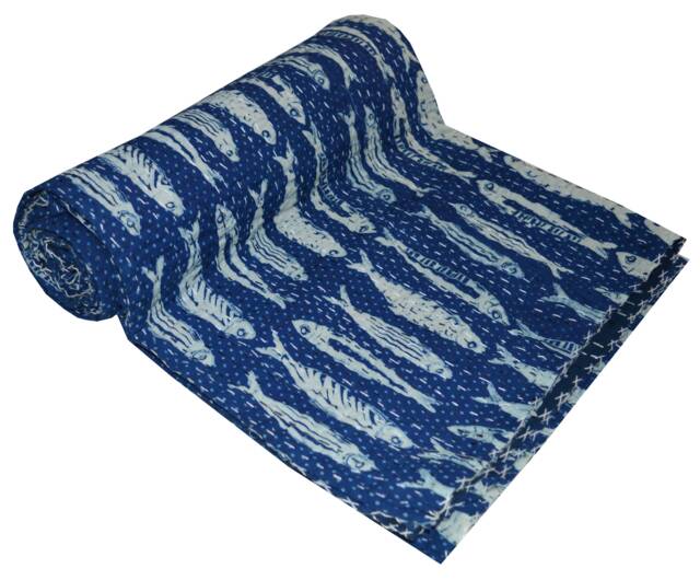Indian Twin Cotton Kantha Quilt Throw Blanket Bedspread Fish Print Bedding Coverlet - image 1