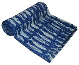 Indian Twin Cotton Kantha Quilt Throw Blanket Bedspread Fish Print Bedding Coverlet - thumbnail 1