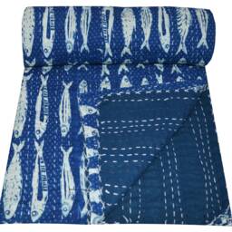 Indian Twin Cotton Kantha Quilt Throw Blanket Bedspread Fish Print Bedding Coverlet - thumbnail 2