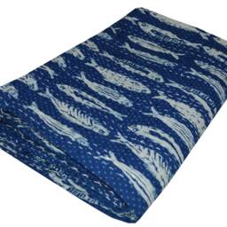 Indian Twin Cotton Kantha Quilt Throw Blanket Bedspread Fish Print Bedding Coverlet - thumbnail 3