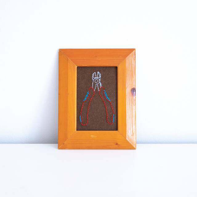 Funny Embroidery Art in Re-Used Frame, Pliers, Recycled Weird Work, Funny Gift, Wall Art, Hardware, Shed - image 1