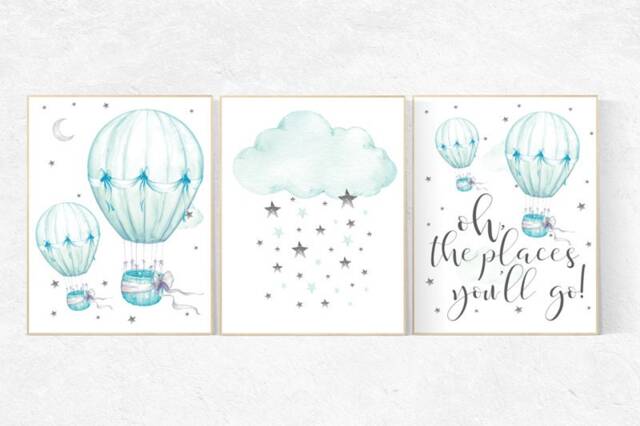 Mint Hot Air Balloon Nursery Decor Gender Neutral Wall Art - image 1