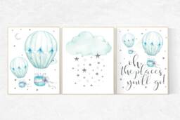 Mint Hot Air Balloon Nursery Decor Gender Neutral Wall Art - thumbnail 1