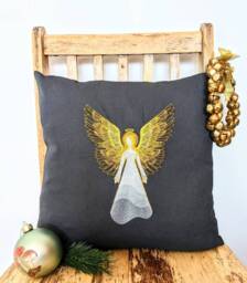 Embroidered Christmas Angel Cushion Cover Grey Linen Style - 16x16 - thumbnail 1