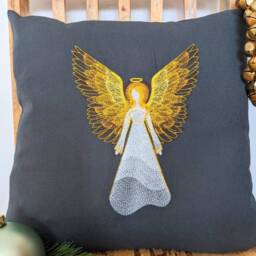 Embroidered Christmas Angel Cushion Cover Grey Linen Style - 16x16 - thumbnail 3