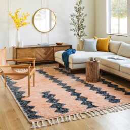 Moroccan Peach Berber Rug, Handwoven Wool Shag Rug With Diamond Columns, Large 9x12 Area Authentic Beni Ourain Style Carpet - thumbnail 3