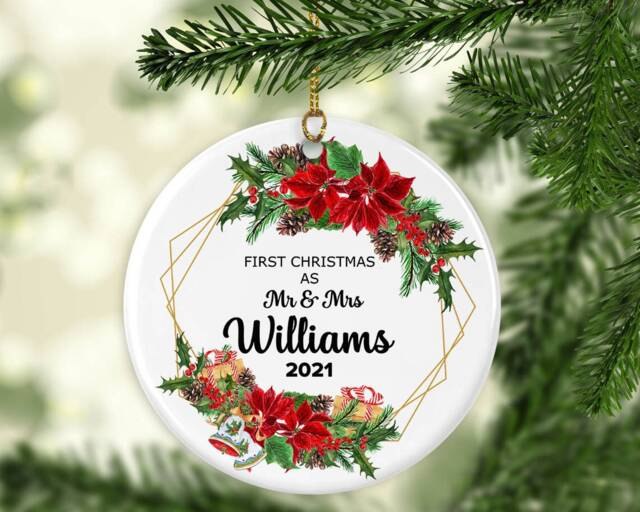 Personalised First Married Christmas Ornament Ceramic Or Mdf Acrylic Bauble, Hanging Disc For Mr & Mrs Decor - image 1