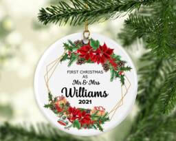 Personalised First Married Christmas Ornament Ceramic Or Mdf Acrylic Bauble, Hanging Disc For Mr & Mrs Decor - thumbnail 1