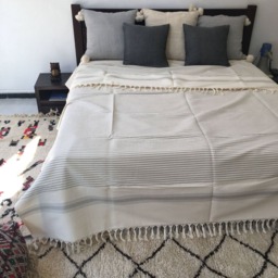 Organic Cotton Throws- Hand-Woven in The Atlas Mountains - Cream With Taupe Stripes - thumbnail 2