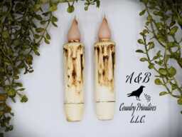 Set Of - 2 Two Grungy Off-White Cream - 4 Inch Led Wax Dipped Battery Operated Flameless Timer Taper Candles, Country Primitive Home Decor - thumbnail 1