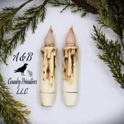 Set Of - 2 Two Grungy Off-White Cream - 4 Inch Led Wax Dipped Battery Operated Flameless Timer Taper Candles, Country Primitive Home Decor - thumbnail 3