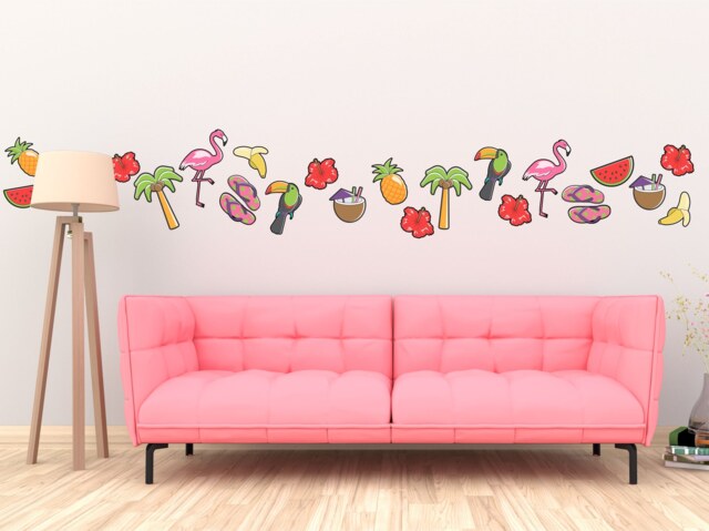 Tropical Theme Wall Stickers Pack Flamingo Toucan Pineapple Cocktail Decal Art Banana Melon Hibiscus Holiday Trendy Flip Flops Beach Coconut - image 1