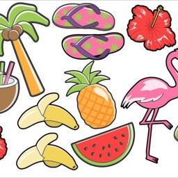 Tropical Theme Wall Stickers Pack Flamingo Toucan Pineapple Cocktail Decal Art Banana Melon Hibiscus Holiday Trendy Flip Flops Beach Coconut - thumbnail 2