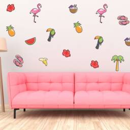 Tropical Theme Wall Stickers Pack Flamingo Toucan Pineapple Cocktail Decal Art Banana Melon Hibiscus Holiday Trendy Flip Flops Beach Coconut - thumbnail 4
