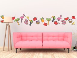 Tropical Theme Wall Stickers Pack Flamingo Toucan Pineapple Cocktail Decal Art Banana Melon Hibiscus Holiday Trendy Flip Flops Beach Coconut