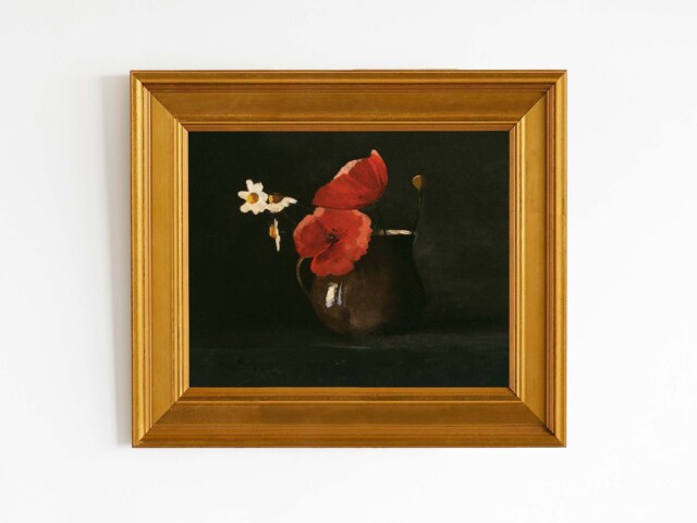 Red Flowers - Still Life Floral Painting in Moody Dark Tones Odilon Redon Print Sizes 8x10 9x12 - image 1