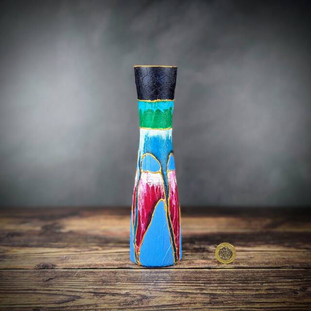Blue Painted Bud Glass Vase Colourful Unique Design Artisan Bright Handmade Gift Textured Mantelpiece Decoration - image 1