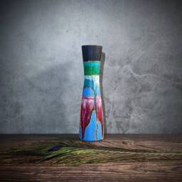 Blue Painted Bud Glass Vase Colourful Unique Design Artisan Bright Handmade Gift Textured Mantelpiece Decoration - thumbnail 3