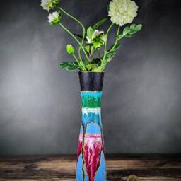 Blue Painted Bud Glass Vase Colourful Unique Design Artisan Bright Handmade Gift Textured Mantelpiece Decoration - thumbnail 2