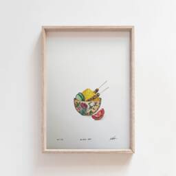 Satay Artwork - Rice Bowls - Indonesian Food Childhood Memories Watercolour Wall Art Giclee Print - thumbnail 1