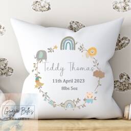 Personalised New Baby Cushion - Jungle Nursery Boy's Lion Cushion, Boy Gift, Safari Decor, Newborn - thumbnail 1