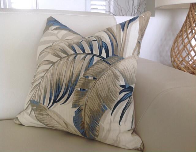 Tropical Palm Leaf Cushion Cover Blue & Natural Tommy Bahama Fabric - image 1